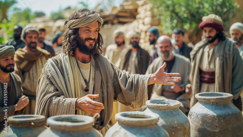 Jesus performing his first miracle at the wedding in Cana, turning water into wine, a renowned biblical event. photo