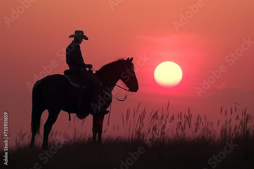 A cowboy silhouette and horse in the sunset