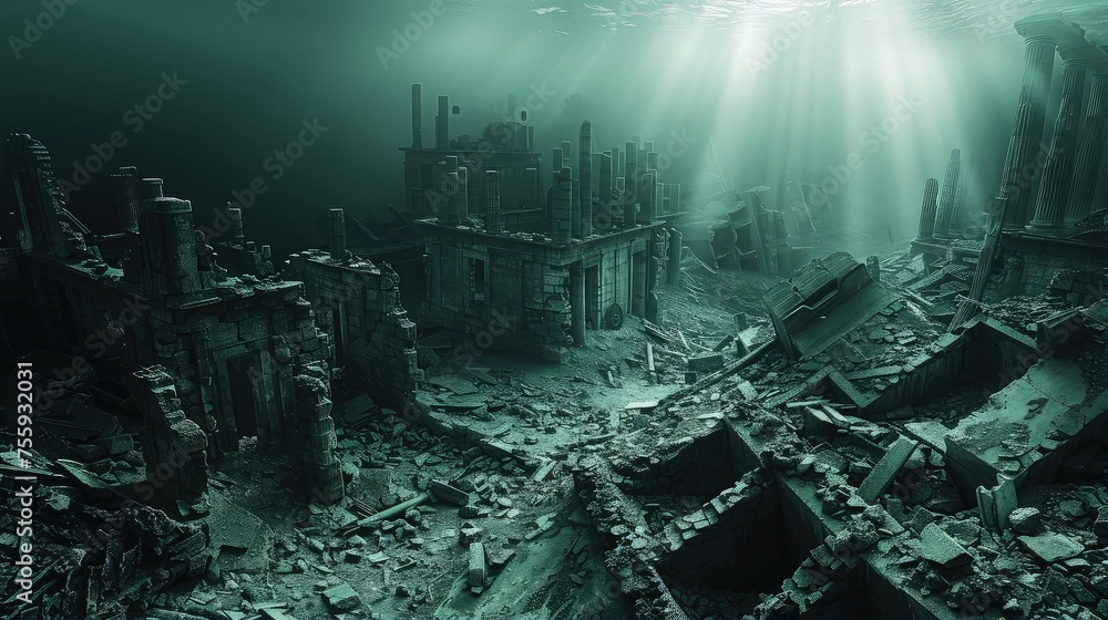Sunken Heritage: Civilization's Ruins Resting on the Ocean Floor. - obrazy, fototapety, plakaty 