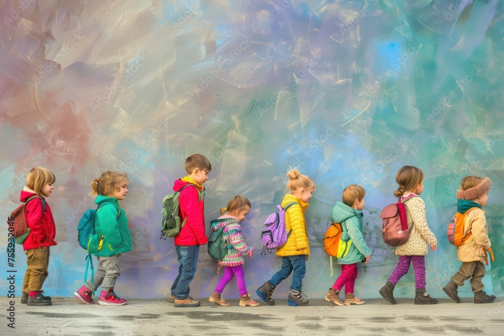 Naklejka premium family home kids standing in line of children on sidewalk with backpacks