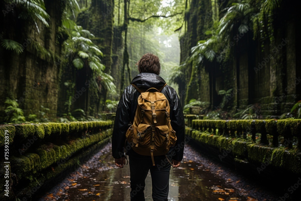 A man with a backpack hikes along a forest trail