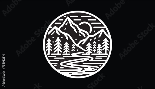 Round logo, mountain, river water, trees 