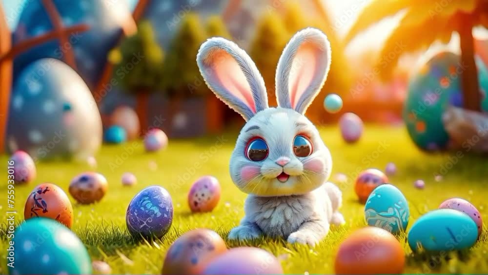 A cute and cheerful Easter bunny sits on a green lawn surrounded by Easter eggs and sweets A cute and cheerful Easter bunny sits on a green lawn surrounded by Easter eggs and sweets