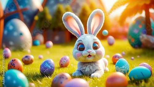 Wallpaper Mural A cute and cheerful Easter bunny sits on a green lawn surrounded by Easter eggs and sweets Torontodigital.ca