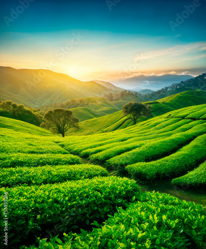 Tea plantation hills at sunrise time  beautiful landscape background