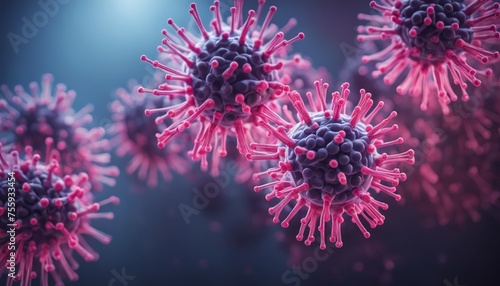 Highly Detailed Viruses in Blue Tones: A 3D illustration showcasing detailed viral structures with prominent blue and pink spikes photo
