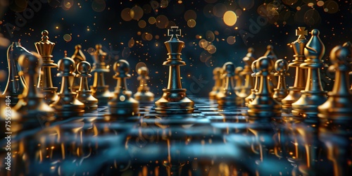 Golden Chess Pieces Glowing, Strategy Game