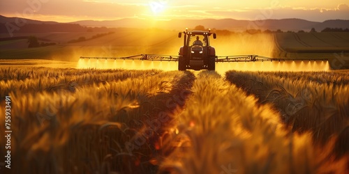 Golden Hour Farming: Tractor Spraying Crops at Sunset