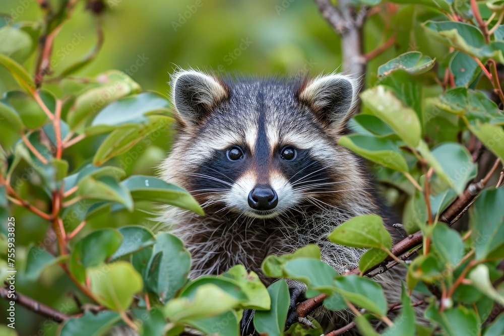 Fototapeta premium Adorable raccoon. Cute raccoon animal in spring nature season. Generate ai