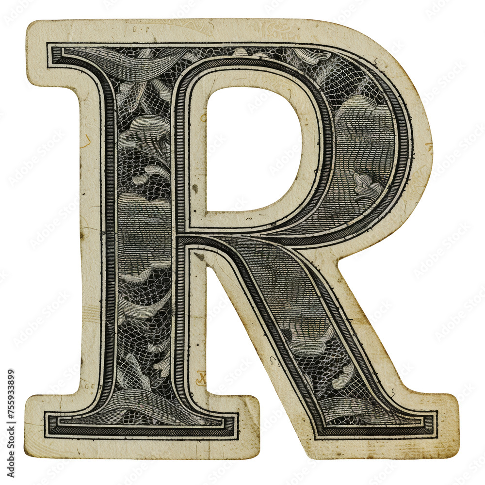 Letter R Styled as Dollar Bill Isolated on Transparent or White Background, PNG Letter R Styled as Dollar Bill Isolated on Transparent or White Background, PNG