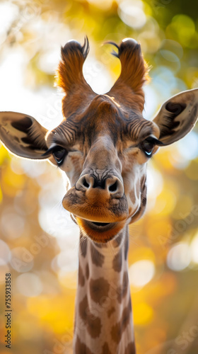 Curious Giraffe Peering With Amusement Against a Blurred Autumn Background. AI. © Vasyl
