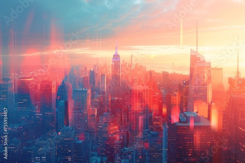 Sleek and towering skyscrapers of a futuristic smart city are beautifully aglow under the warm rays of the sun, set against a deep blue sky, symbolizing innovation