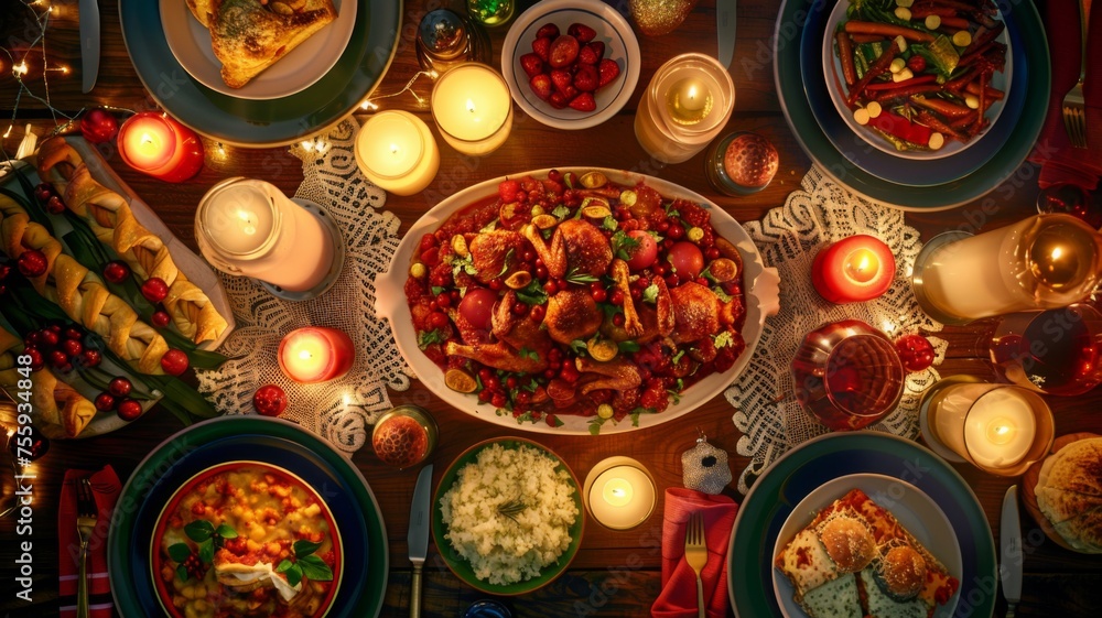 Traditional festive holiday dinner table setting - An overhead shot captures a table richly laden with assorted holiday dishes, lit by candles creating a warm, inviting atmosphere