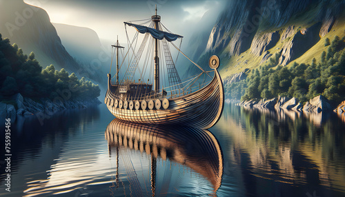 a Nordic viking ship medieval Norway boat longship military sail Scandinavian Norwegian harbor sea cove antique rowing historic warship wood vessel sailboat wooden nautical river ocean Scandinavia