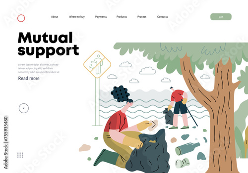 Mutual Support: Cleaning up trash, Garbage collection -modern flat vector concept illustration of people collecting trash on the beach A metaphor of voluntary, collaborative exchanges of resource