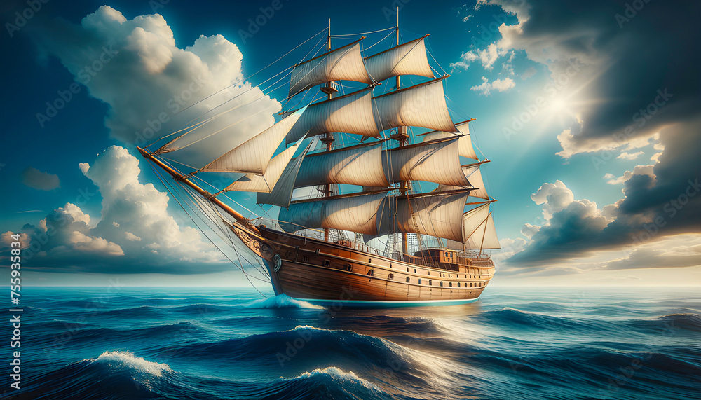 vintage sail bay boat military vessel pirate sailing wooden ship clipper weather wind galleon stormy waves boating ancient frigate sailboat retro historic warship old hull navy water ocean sea - obrazy, fototapety, plakaty 