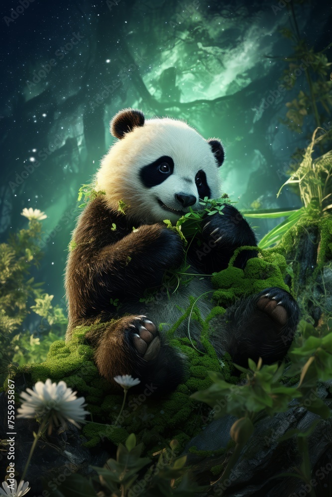 Obraz premium A panda bear is seated atop a vibrant green field, showcasing its iconic black and white fur. The peaceful animal appears to be enjoying its surroundings, possibly munching on bamboo