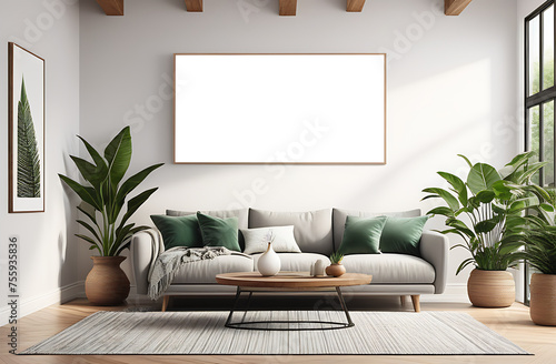 Wide horizontal framed picture mockup in modern living room
