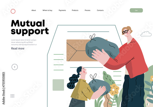 Mutual Support Giving clothes to donation bins -modern flat vector concept illustration of people placing bags of clothes into drop-off box A metaphor of voluntary, collaborative exchanges of resource