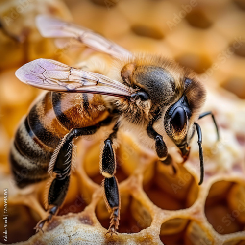 Close-up photograph of a honey bee, showcasing intricate details. Ideal for nature magazines, educational materials, or environmental conservation campaigns. © Yana
