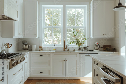 Sleek and bright kitchen featuring white cabinets and countertops  flooded with natural light. Ideal for home decor magazines  renovation guides  or property listings