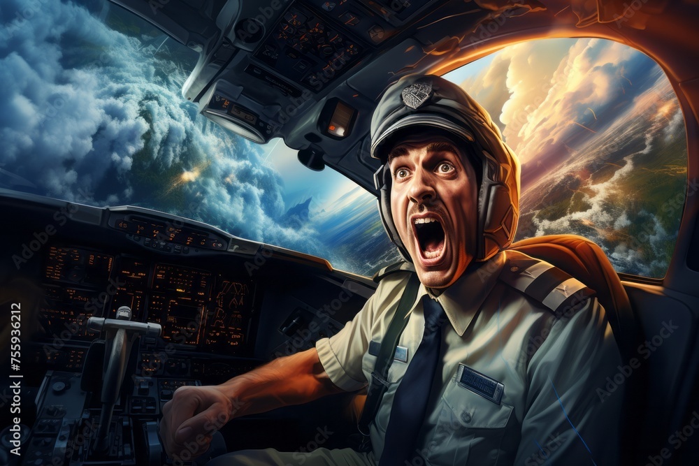 Fototapeta premium An airplane captain is captured in the cockpit, looking shocked with his mouth wide open as if experiencing an unexpected event