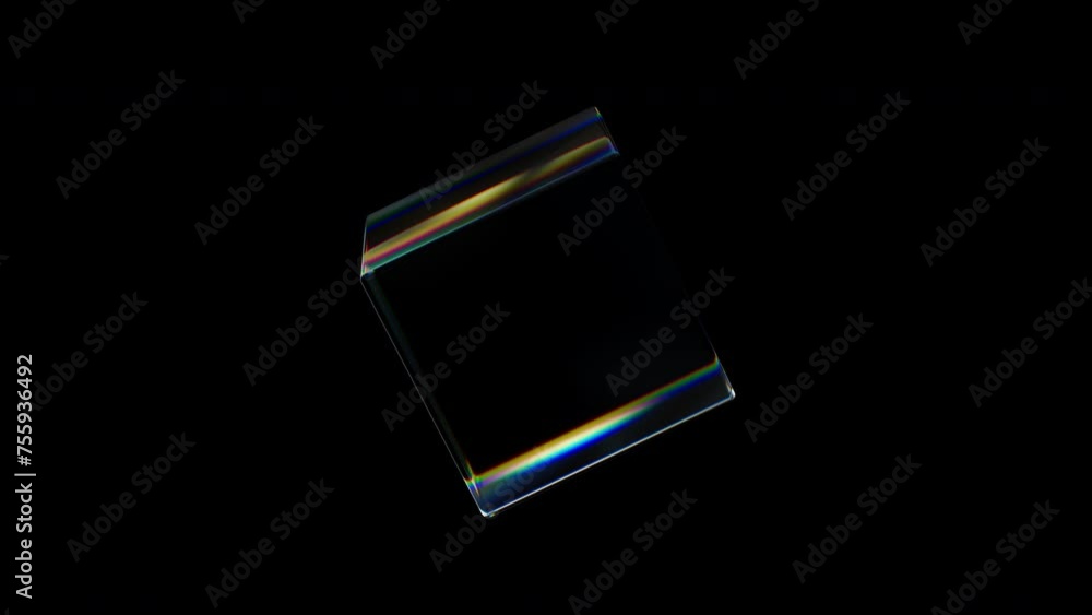 3d Transparent rotating glossy cube with dispersion effect. Rainbow colors reflection glass. 3d render animation loopable