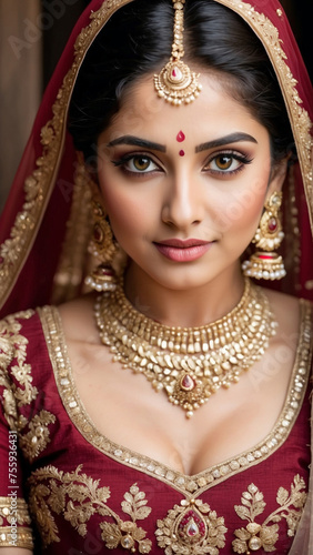 Maroon Majesty: Enchanting Portrait of an Indian Bride in a Maroon Lehenga, Embellished with Exquisite Bridal Finery, generative ai