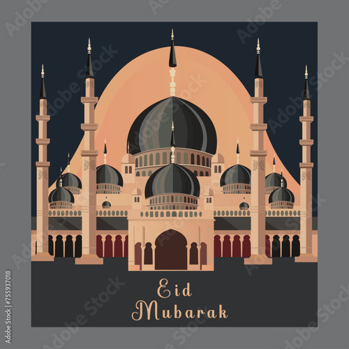 Eid Mubarak poster: Modern, minimalist mosque design in bold black, grey, and orange hues. Contemporary yet traditional. #Eid #IslamicArt
