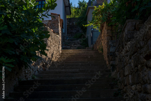 Fototapeta Naklejka Na Ścianę i Meble -  Daylight dynamics. Concrete staircase and alley street. Light and shadow. Contrast.