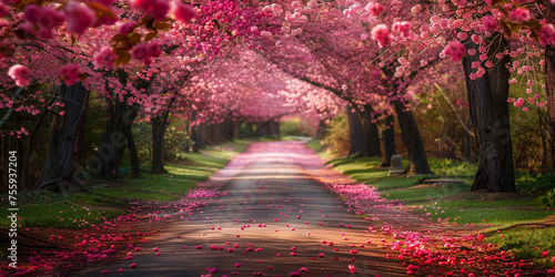 Sakura blossoms along the road in the park. Place for relaxation and walking, Beautiful view, landscape, nature, banner.
