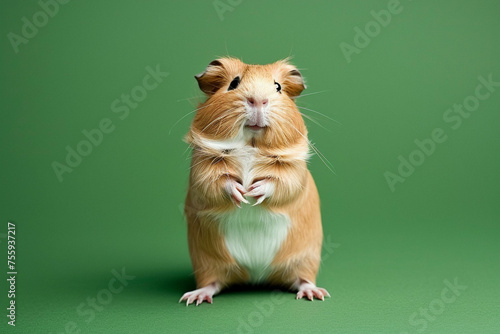 A cute guinea pig with white spots on its face and tummy sits on its hind legs on a green background. Banner, postcard.