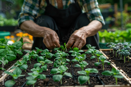 A male gardener processes seedlings in a greenhouse. Growing seedlings, concept of growing vegetables and berries. Opening of the summer season.