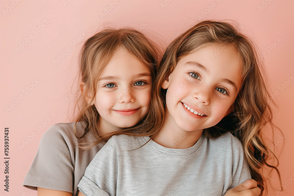 Two 10-year-old girls of European appearance in gray T-shirts smile sweetly on a pink background, minimalism. Brothers and sisters, twins concept Two 10-year-old girls of European appearance in gray T-shirts smile sweetly on a pink background, minimalism. Brothers and sisters, twins concept