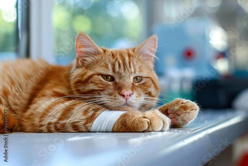 A sad ginger cat with a bandaged paw lies in a veterinary clinic. Pet care concept