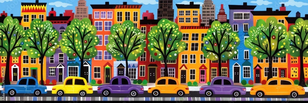 A painting of a city street with colorful houses and trees, and cars lined up in front of them.