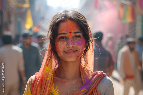 Young happy indian girl in traditional hindu sari with dry color powder Holi exploding around her. Celebrating Holi Festival Of Colors