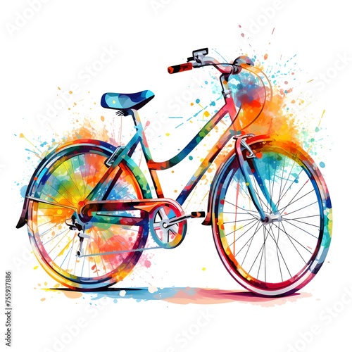 Colorful watercolor painting of a bicycle with vibrant splashes