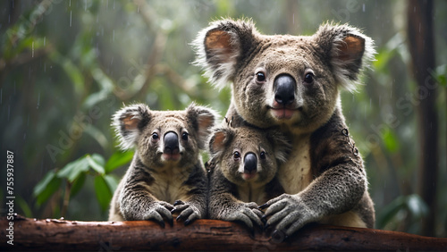 Koala with cubs enjoying rain at forest 