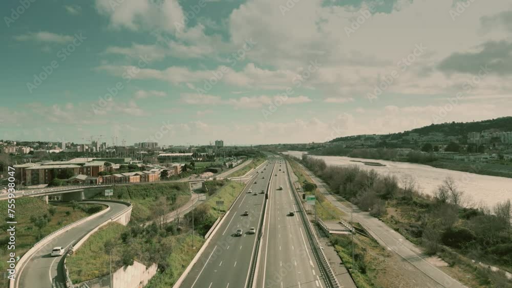 Aerial view of M6202 highway leading to Nice along the Var River, French Riviera Aerial view of M6202 highway leading to Nice along the Var River, French Riviera