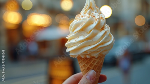 a close up of a person holding an ice cream cone with whipped cream and sprinkles on it. photo