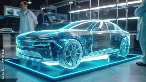 A futuristic car design is presented in a virtual showroom, illuminated by neon lights and showcasing the latest in automotive technology. AIG41