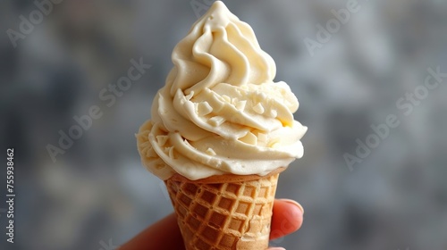 a close up of a person holding an ice cream cone with whipped cream in a waffle cone on a gray background.
