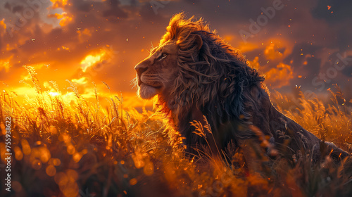 Majestic Lion at Golden Hour in the Wild Savannah