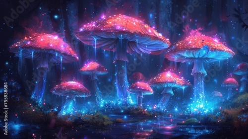 a painting of a group of mushrooms in a forest with a pond in the foreground and stars in the background. photo