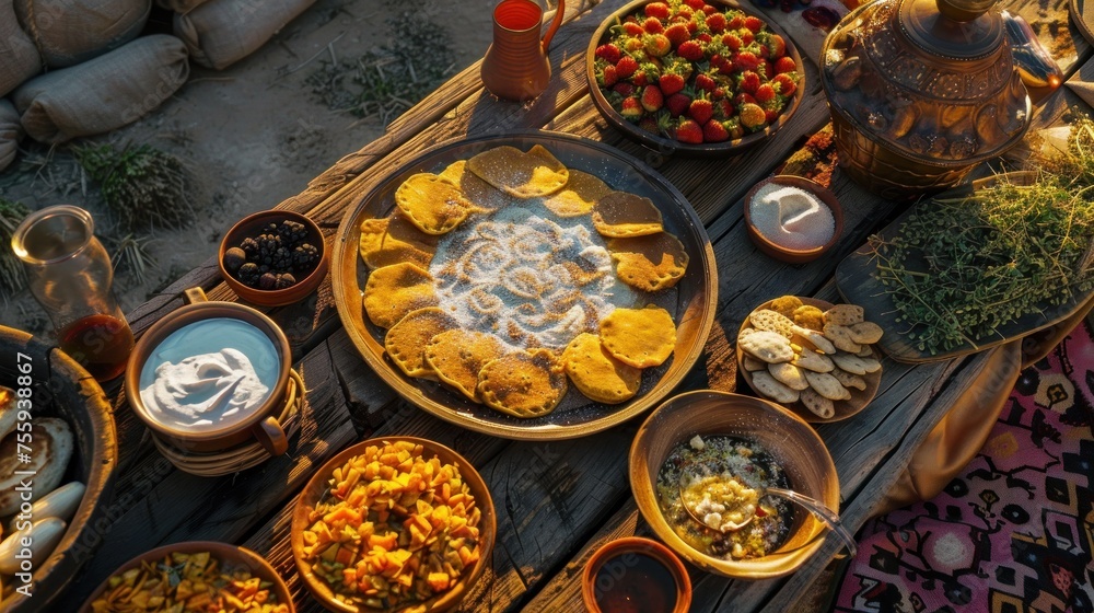 a table topped with bowls of food and bowls of dips and dips on top of a wooden table.