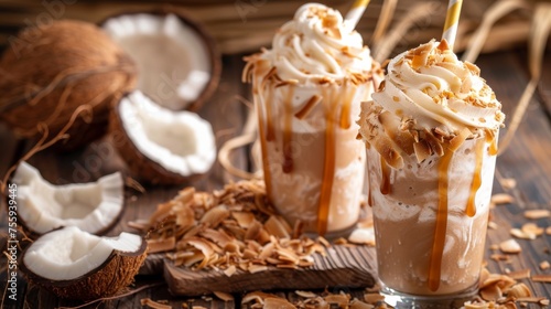 Two decadent ice cream sundaes topped with rich caramel drizzle sit on a rustic wooden table photo
