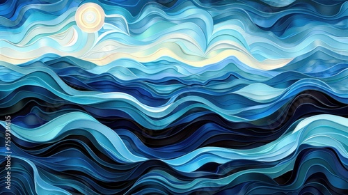 a painting of a blue ocean with waves and a sun in the middle of the sky and a white cloud in the middle of the sky. photo