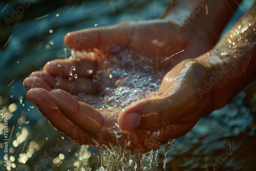 A person delicately dips their hands into the soothing, rippling water, immersing themselves in a calming moment.