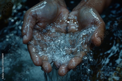 A person holds their hands under a flowing stream of water  capturing the pure essence of nature in their palms.
